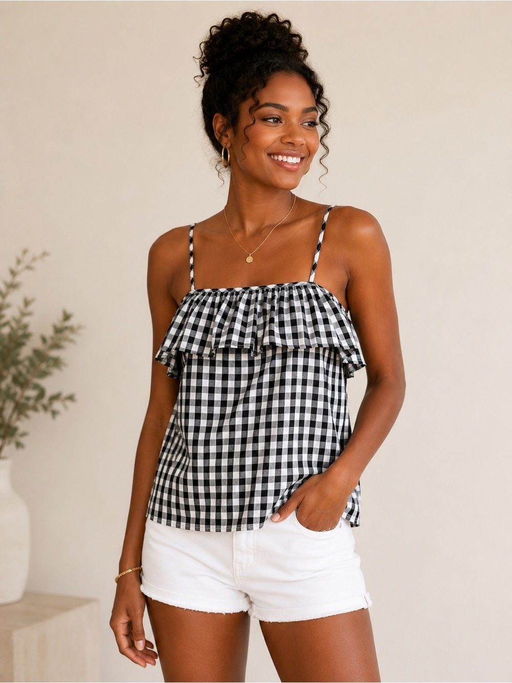 A.New.Day Black and White Gingham Ruffle Front Spaghetti Strap Top Size X-Small
